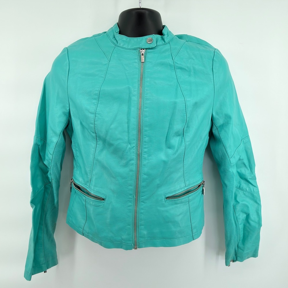 Black Rivet Moto Jacket Womens Medium Teal Faux Leather Floral Lining Zip Up